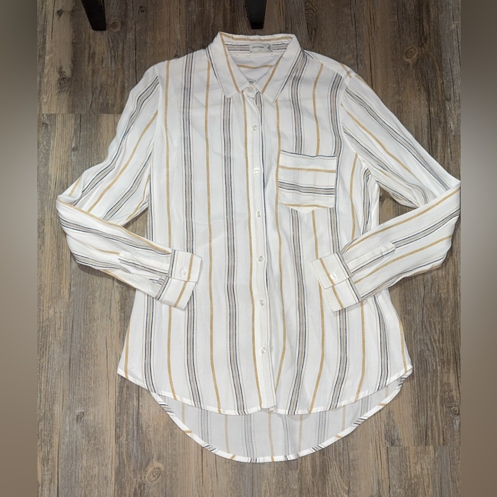 White button down with yellow and blue stripes